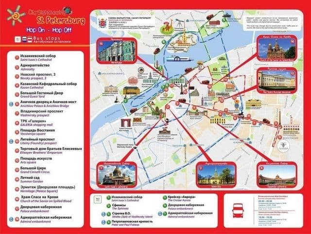 Sankt Petersburg Hop On Hop Off mapa wycieczek autobusowych