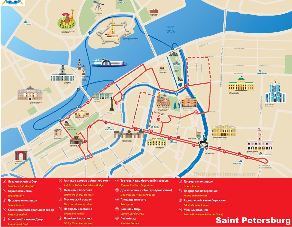 Mapa pieszych wycieczek do Sankt Petersburga